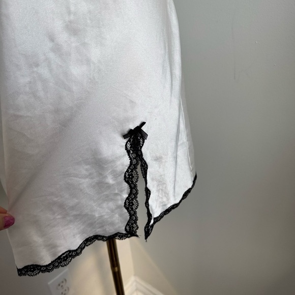Vintage Silver Satin Slip Dress Black Lace Trim Whimsigoth Coquette Lingerie M - Picture 2 of 10